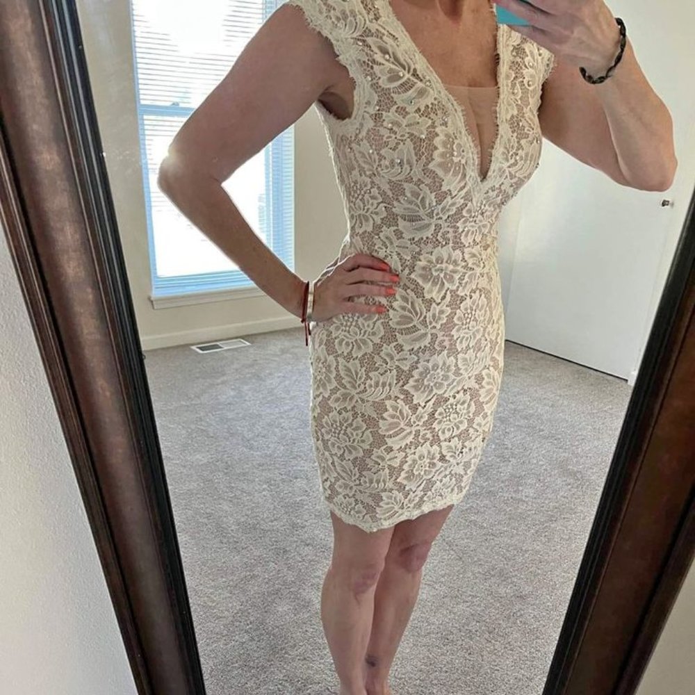 SUMMER BRIDE Betsy and Adam Off-White / Cream Lace Sheath Sparkle Dress | Bridal